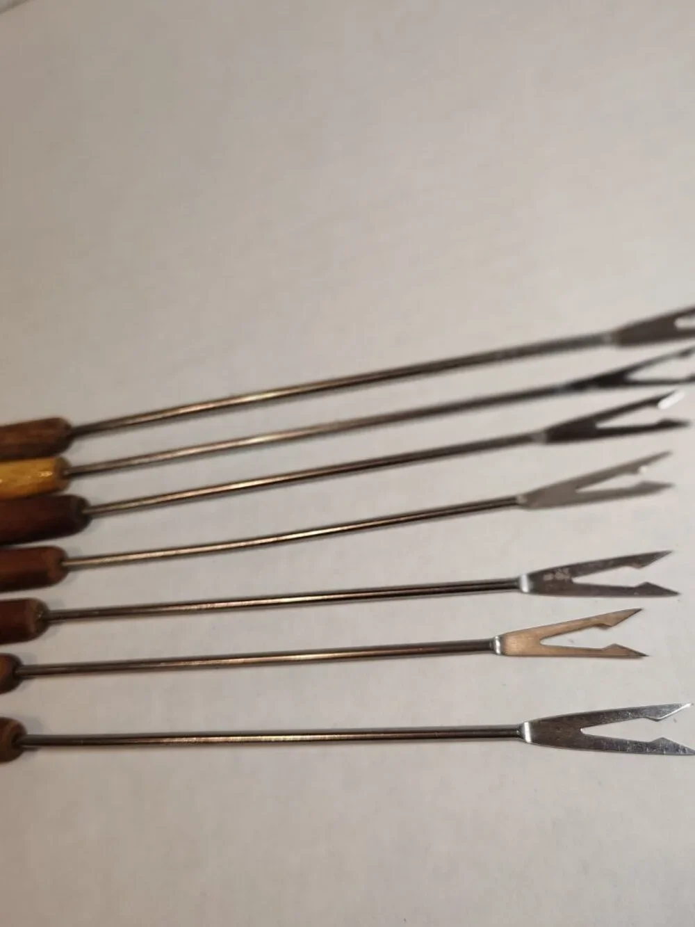 Vintage Fondue Forks Set Of 7 Wood Handles Stainless Steel Color Tips